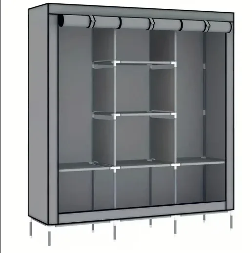 Grey Fabric Wardrobe with Shelves and Hanging Rod