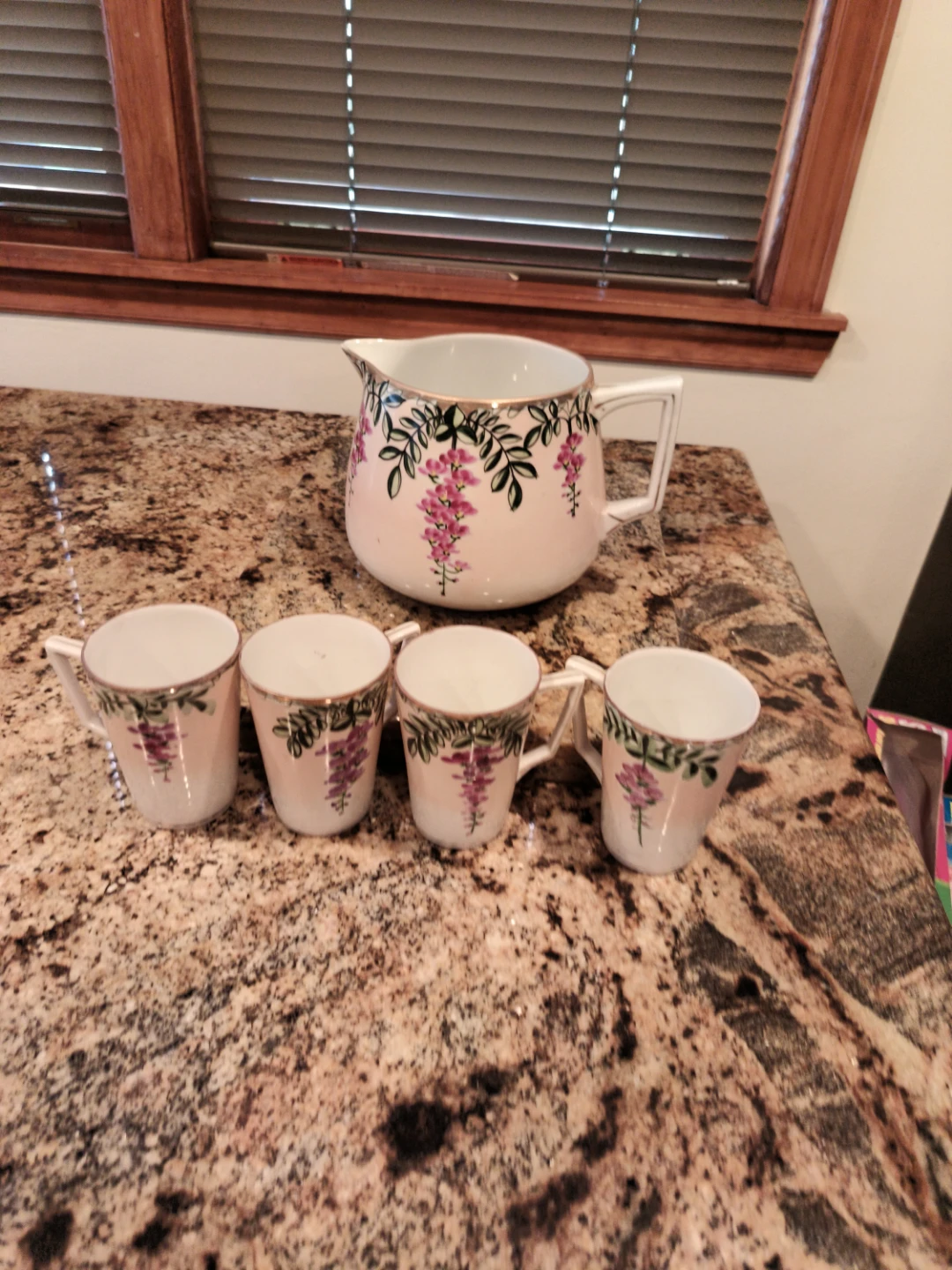 Vintage Pitcher and 4 Cups Set Pink Floral Porcelain - photo 3