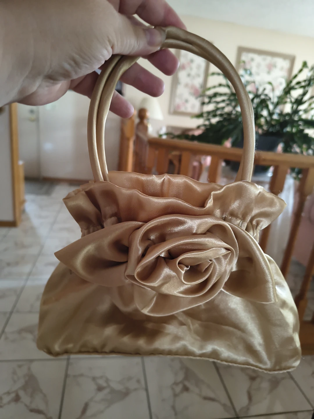 Gold Satin Drawstring Handbag with Rose Accent - photo 3