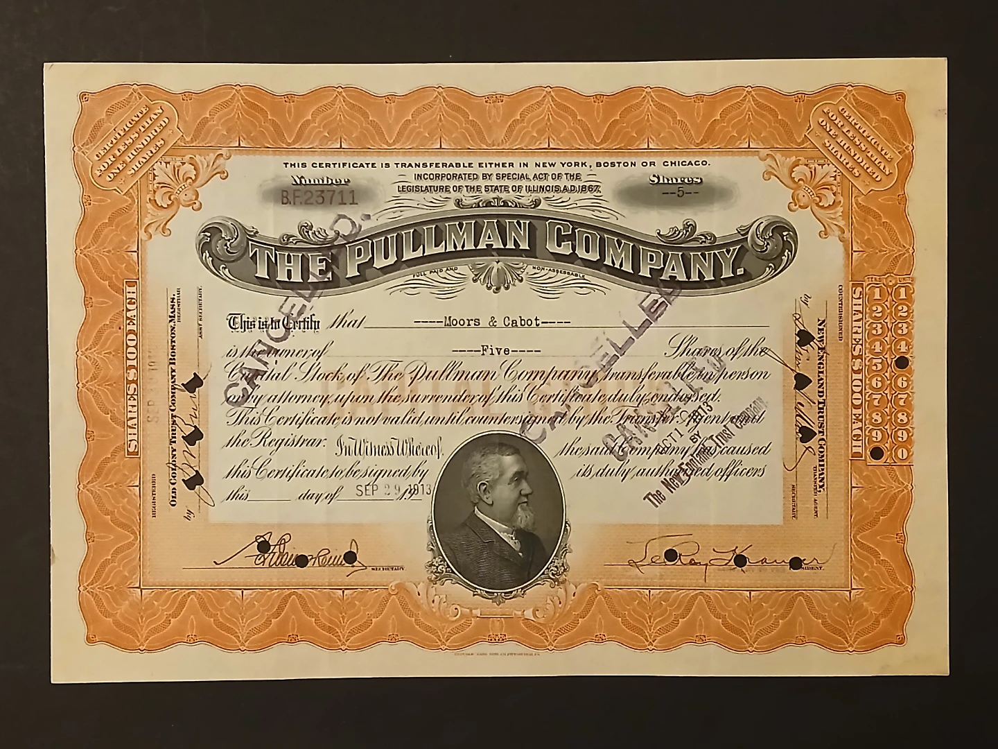 Old Pullman Railroad Stock Certificate Dated 1913