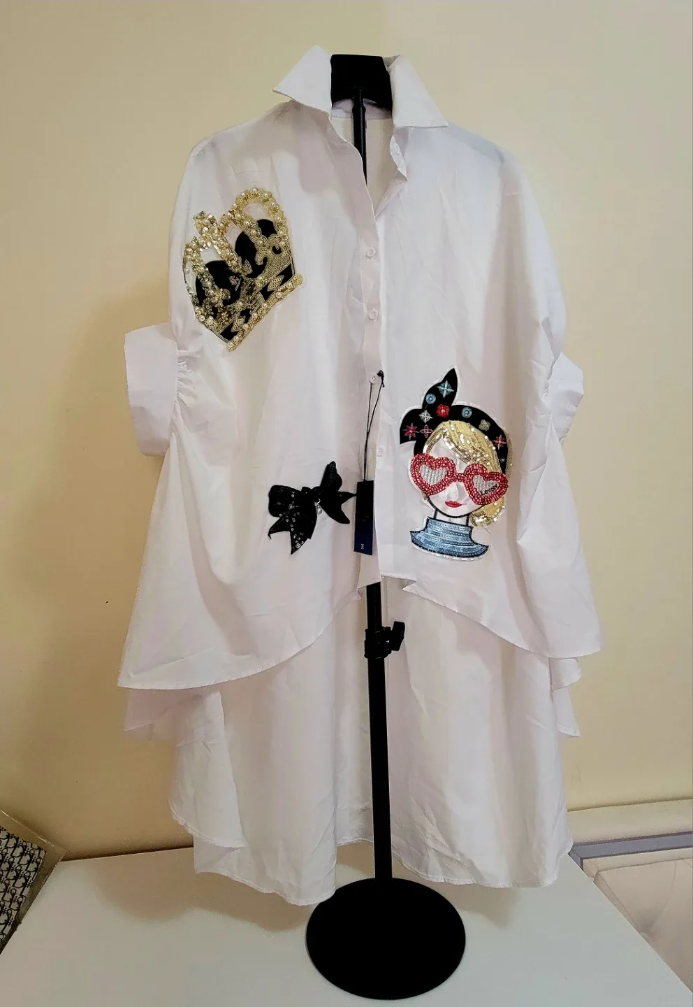 White Button-Up Shirt with Embellishments