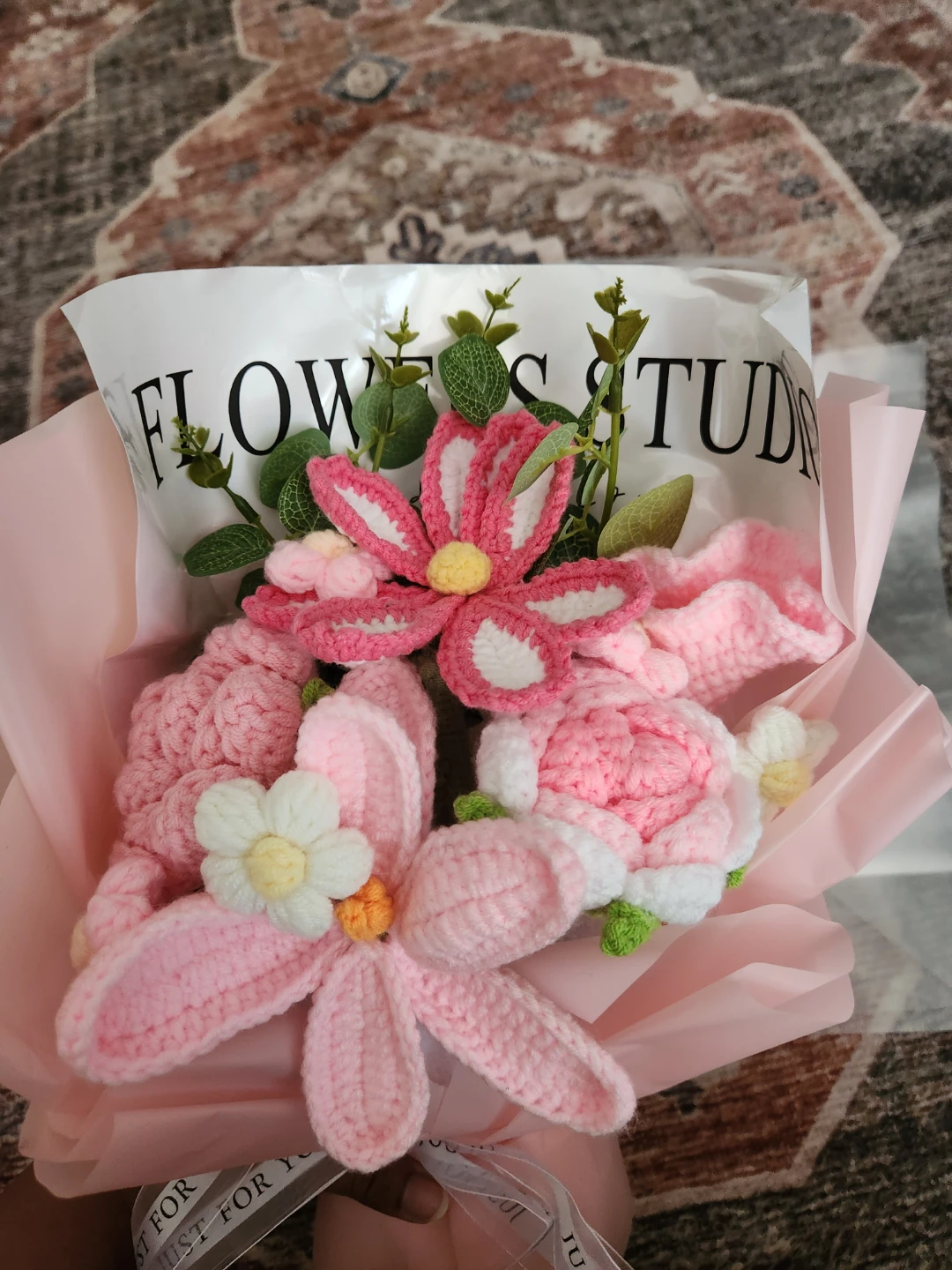 Crocheted Flower Bouquet with Gift Bag and Card