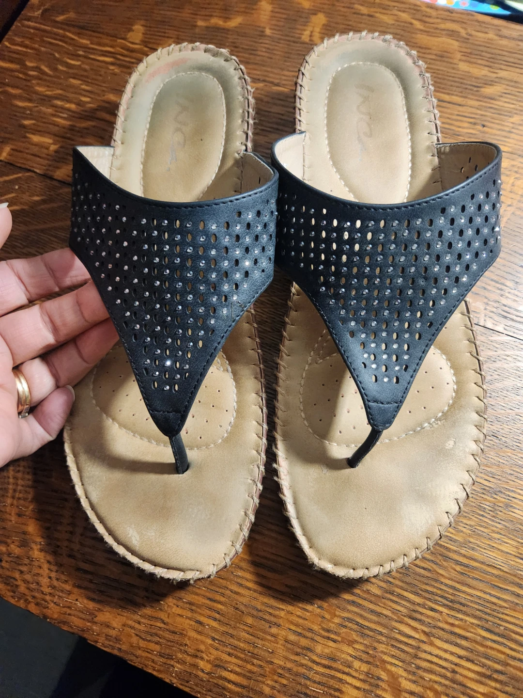 Studded Black Perforated Wedge Sandals