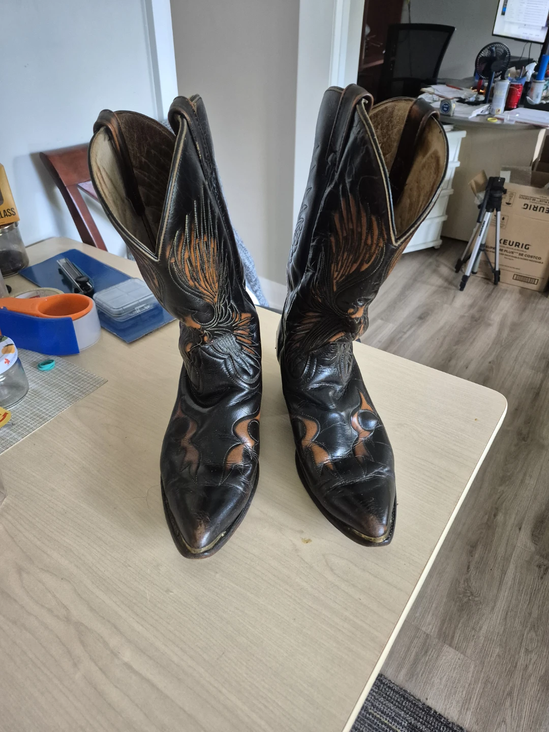 Black Leather Cowboy Boots with Eagle Design