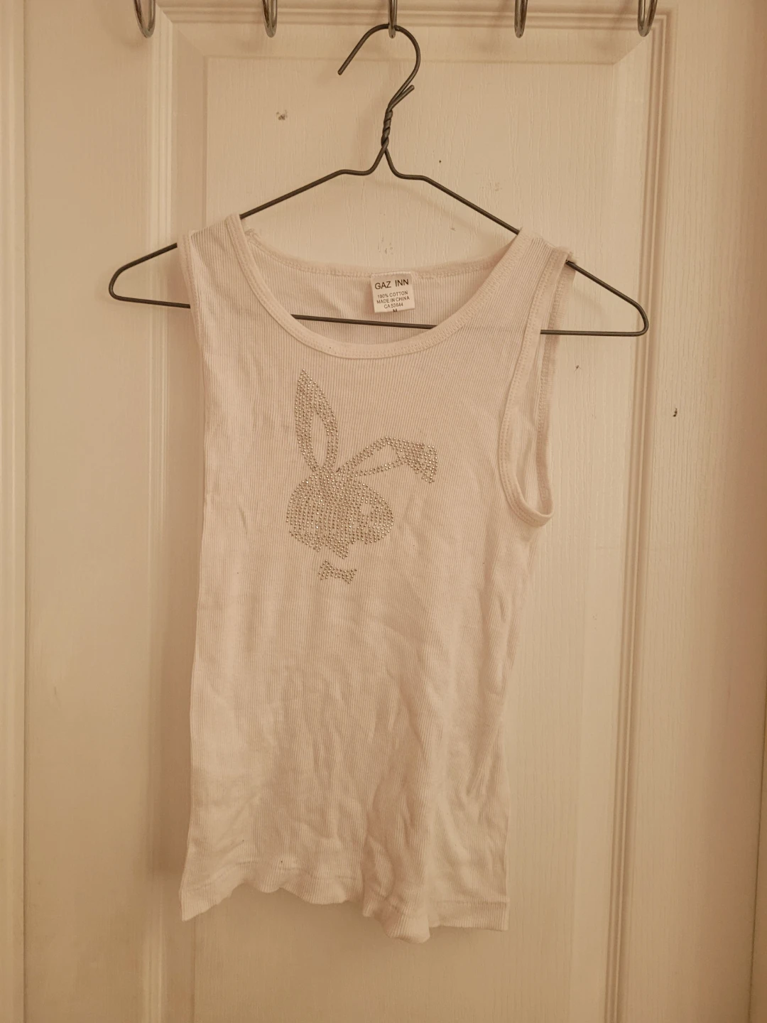Playboy White Tank Top with Rhinestone Bunny - Size M