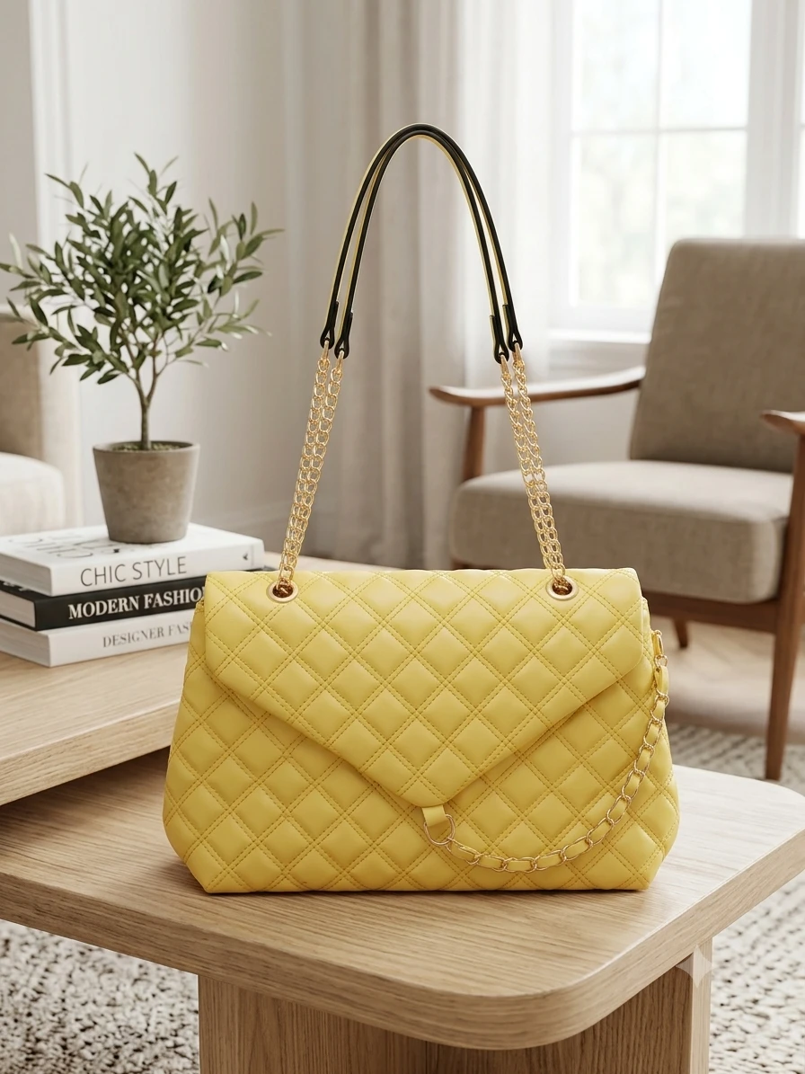 Yellow Quilted Shoulder Bag with Gold Chain