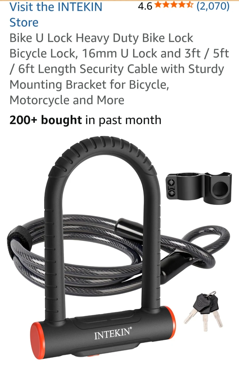 INTEKIN Heavy Duty U Lock with Cable