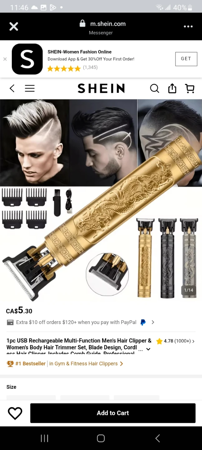 Gold Dragon Engraved USB Rechargeable Hair Clippers & Trimmer