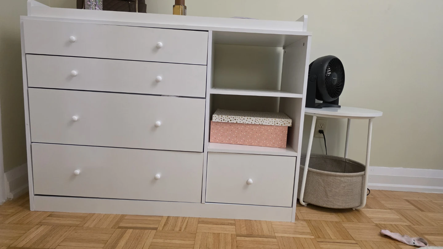 White 5-drawer dresser with open shelving