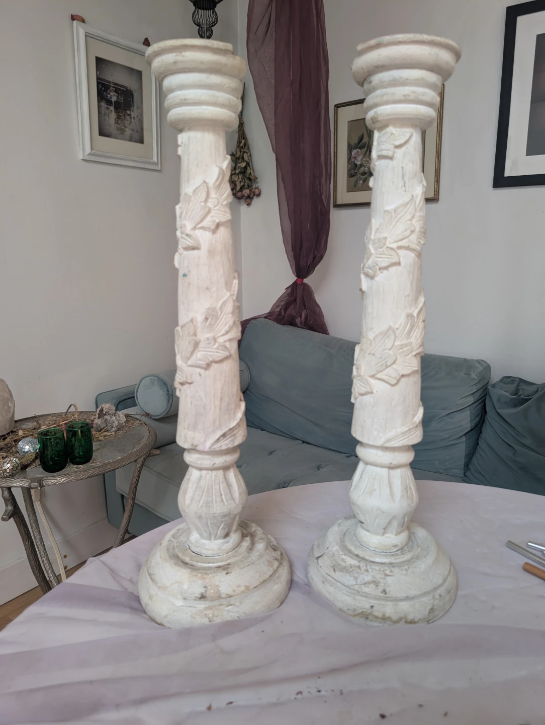 Vintage White Carved Pillar Candle Holders (Pair)