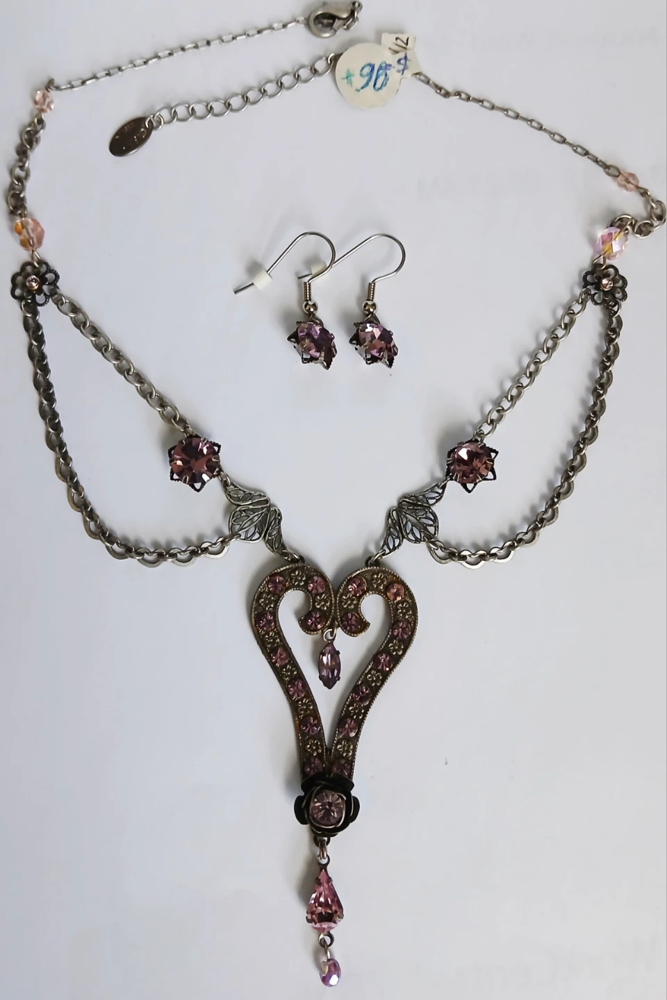 Silver-tone Heart Necklace and Earring Set with Pink Crystals - photo 3