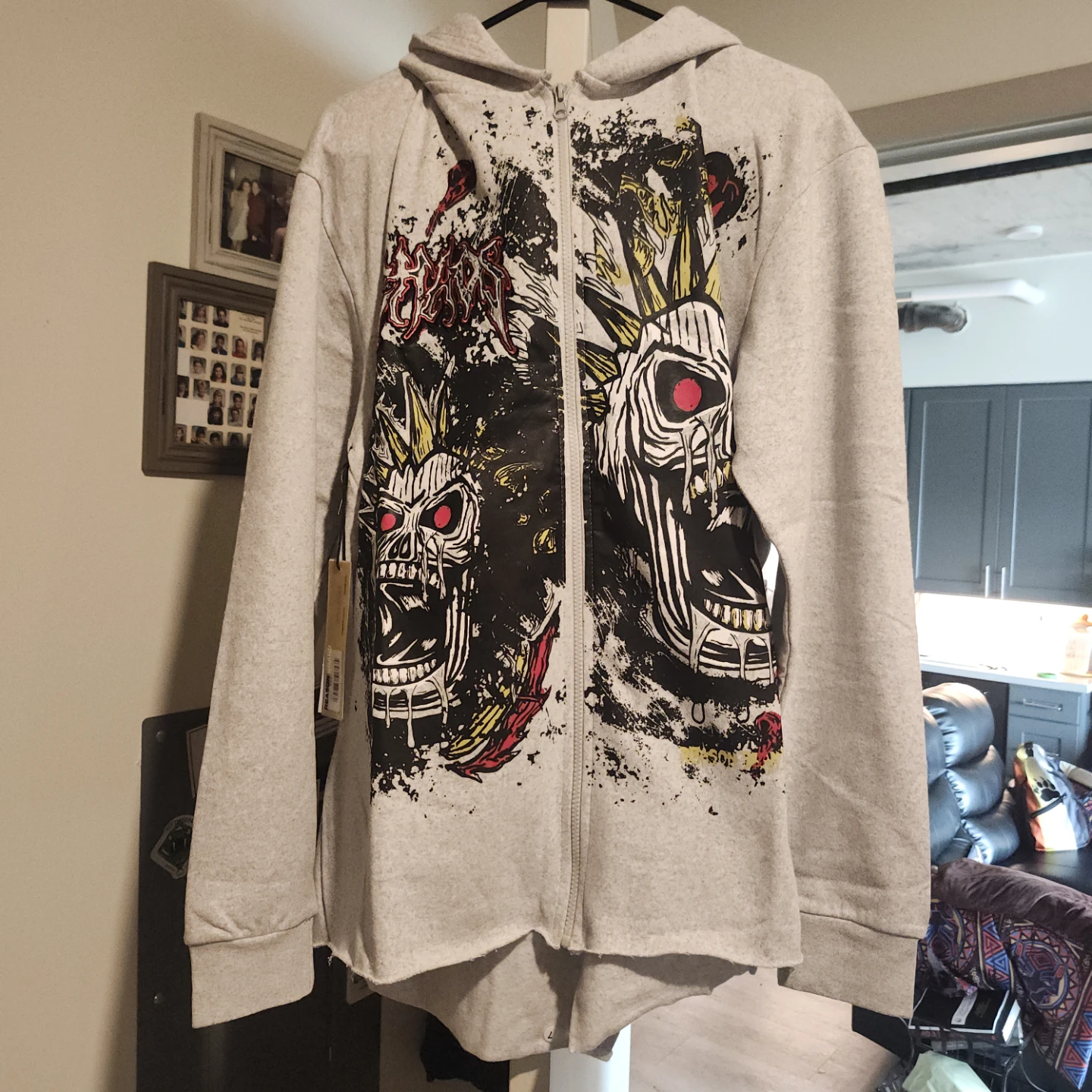 REASON Grey Skull Graphic Zip-Up Hoodie XL
