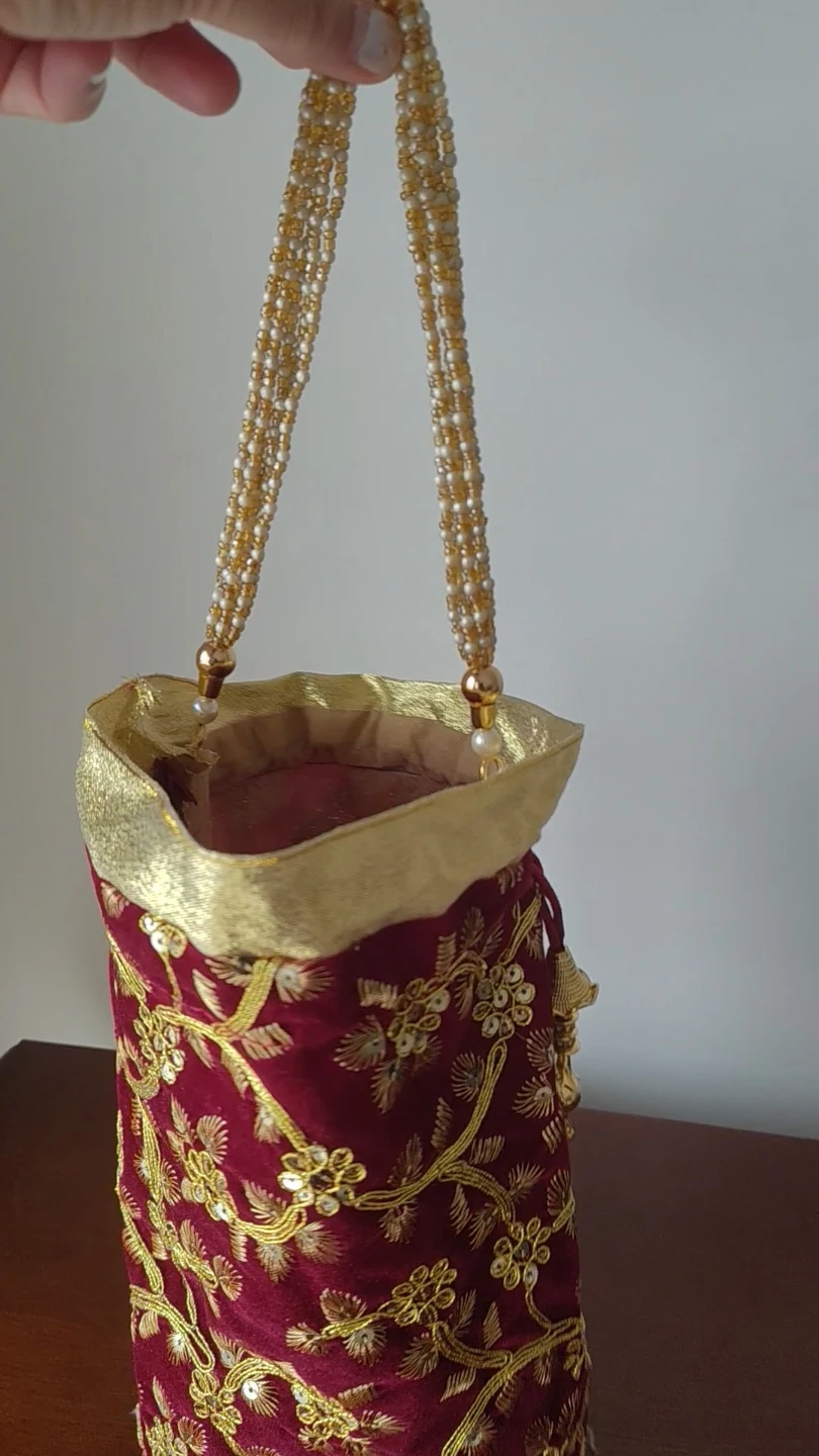 Embroidered Velvet Drawstring Bag with Beaded Handles - photo 4