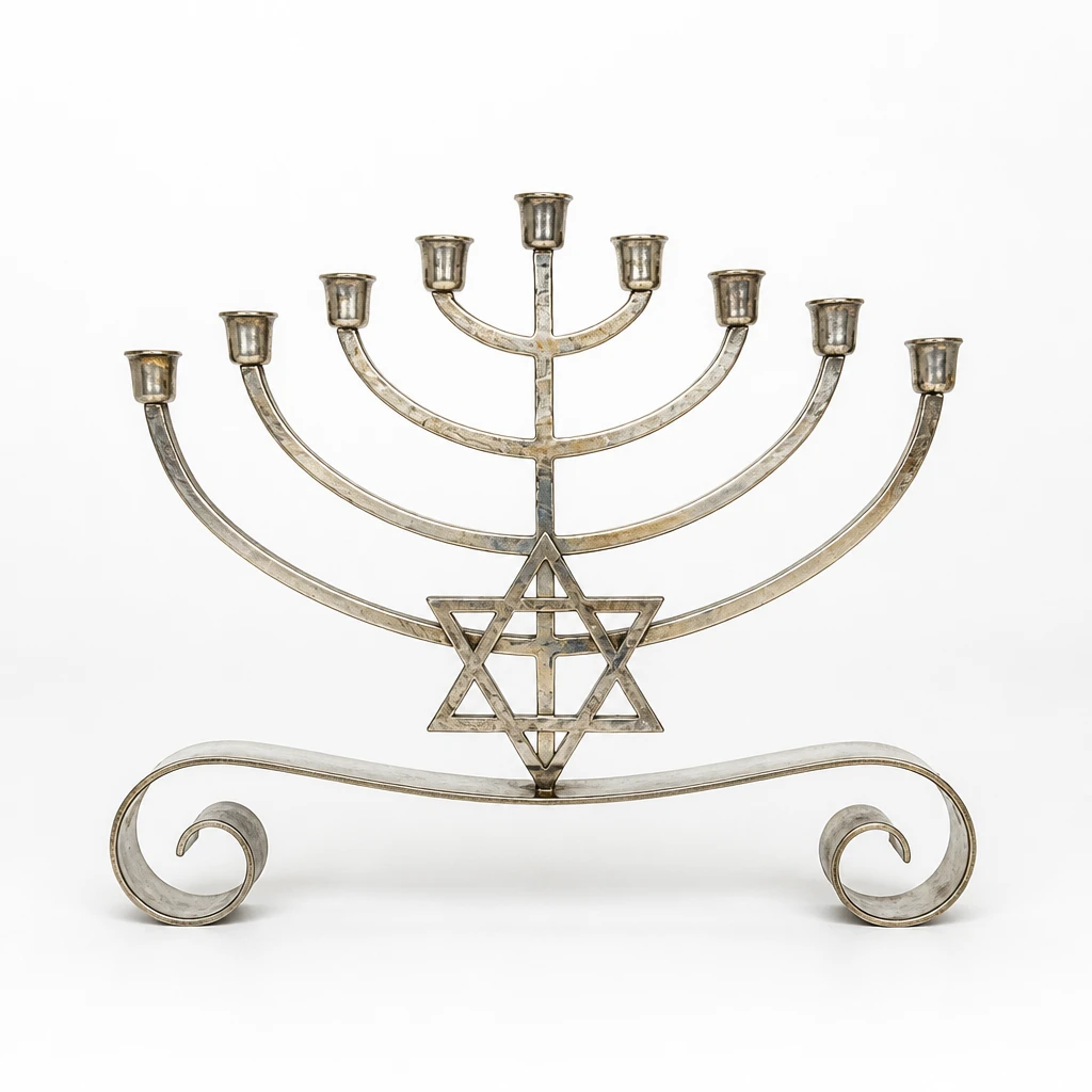 Vintage Brass Hanukkah Menorah Star of David Scroll Base - photo 4