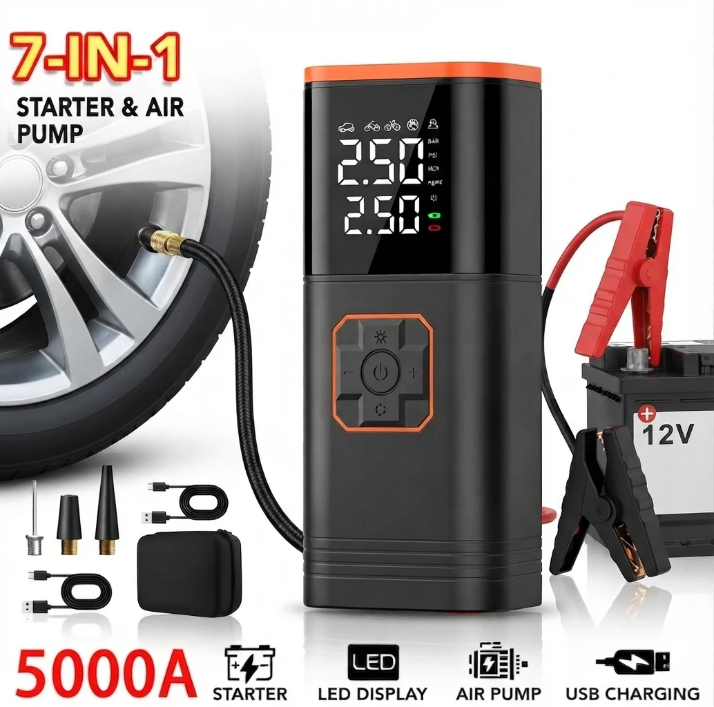 (BRAND NEW) 12V Portable Emergency Jump Starter & Air Compressor