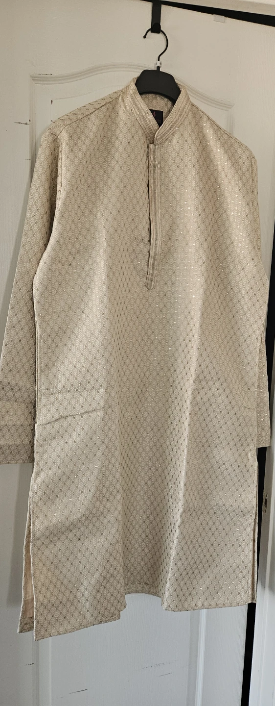 Men's Beige Kurta with Gold Sparkle Detail