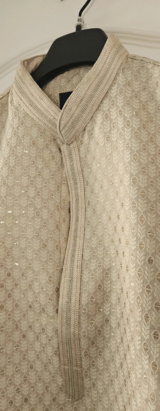 Men's Beige Kurta with Gold Sparkle Detail - photo 2