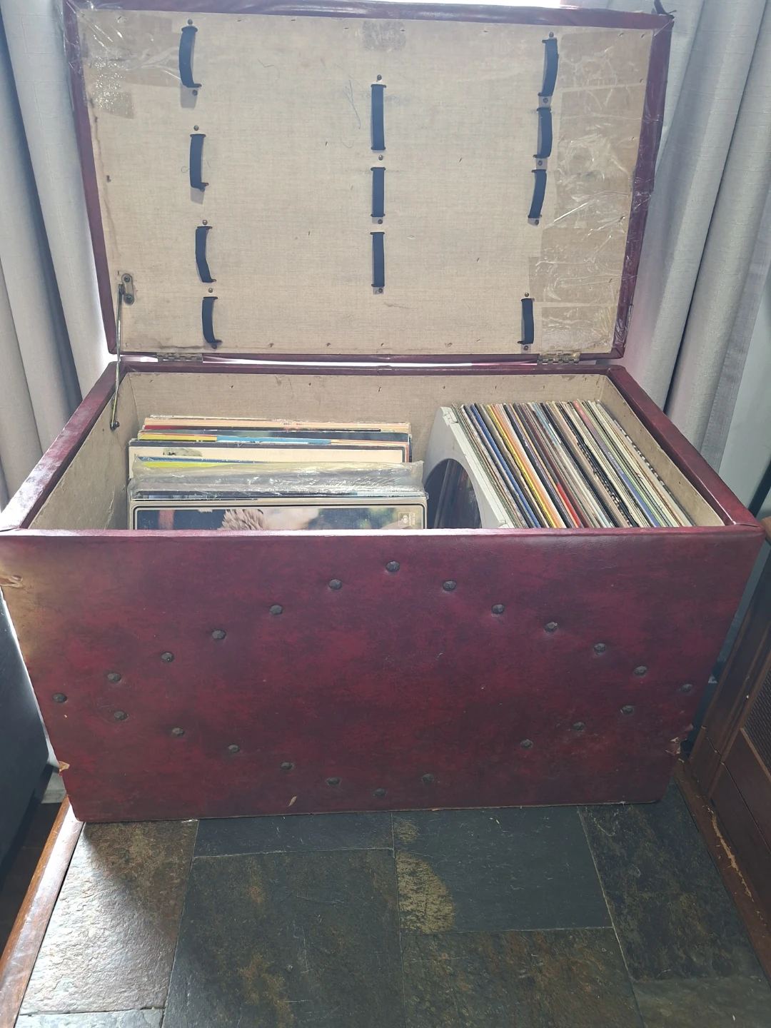 Vintage Vinyl Record Collection with Tufted Storage Trunk