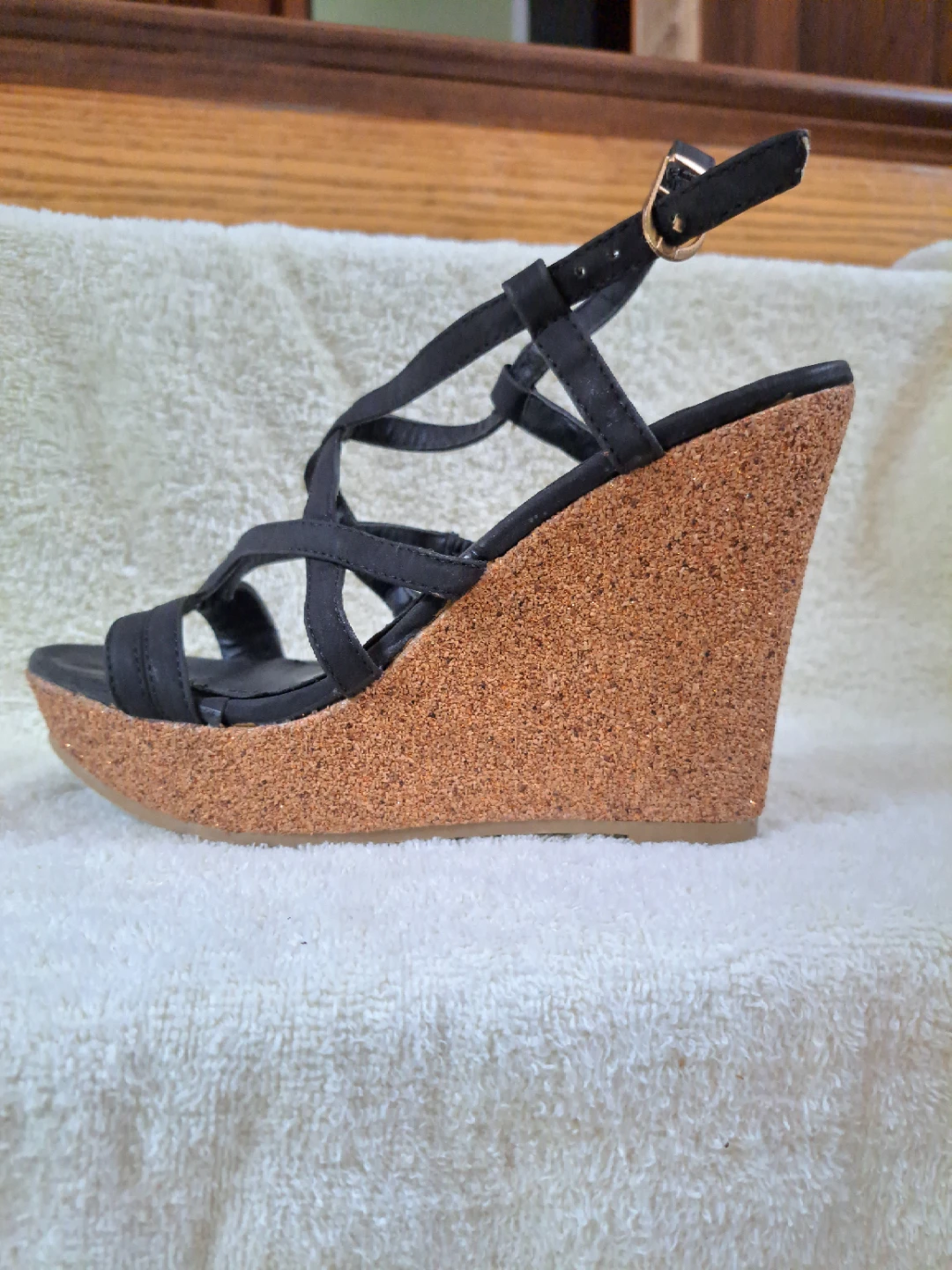 Black wedge sandals with cork heel