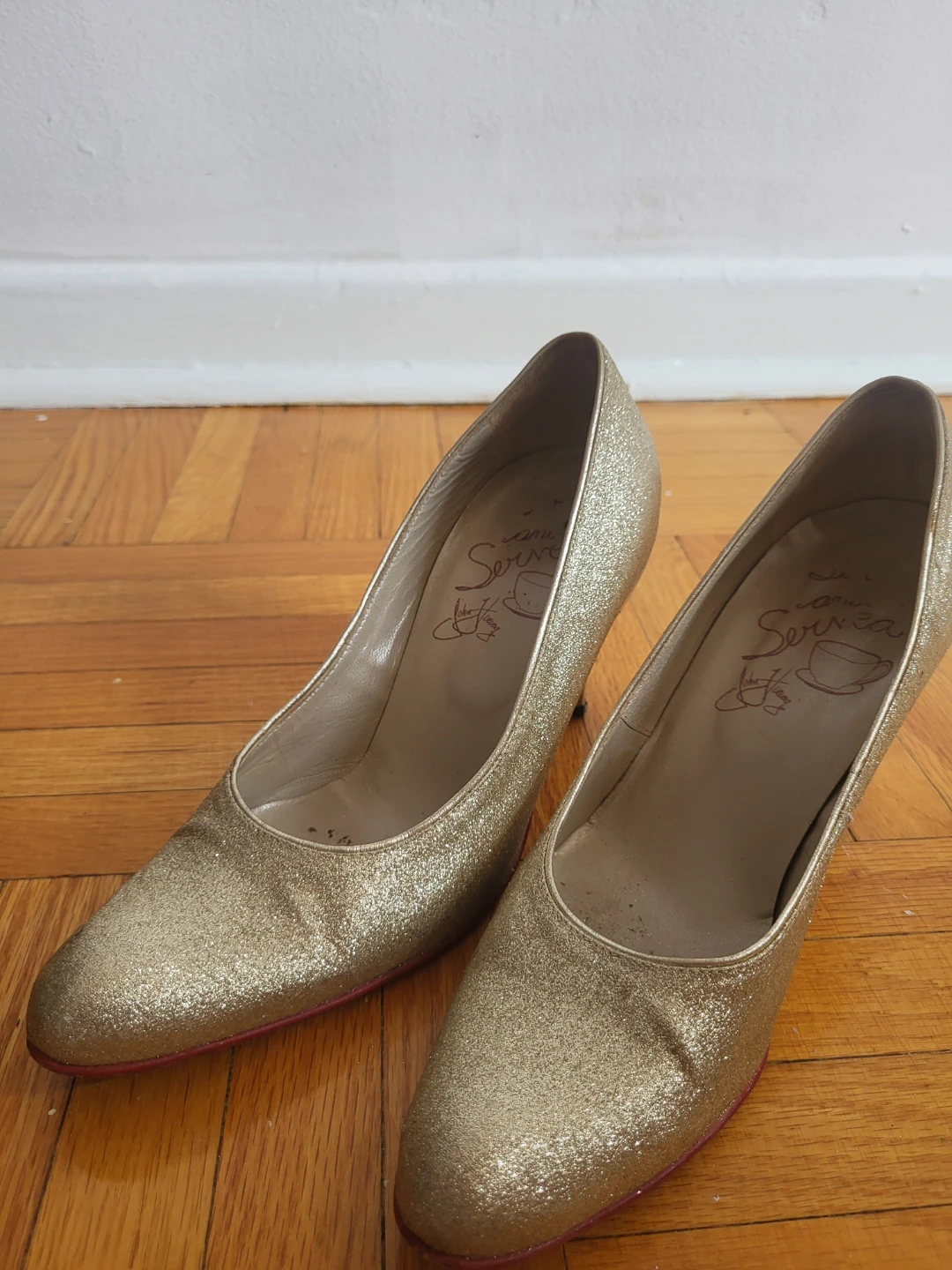 John Fluevog Gold Glitter pumps