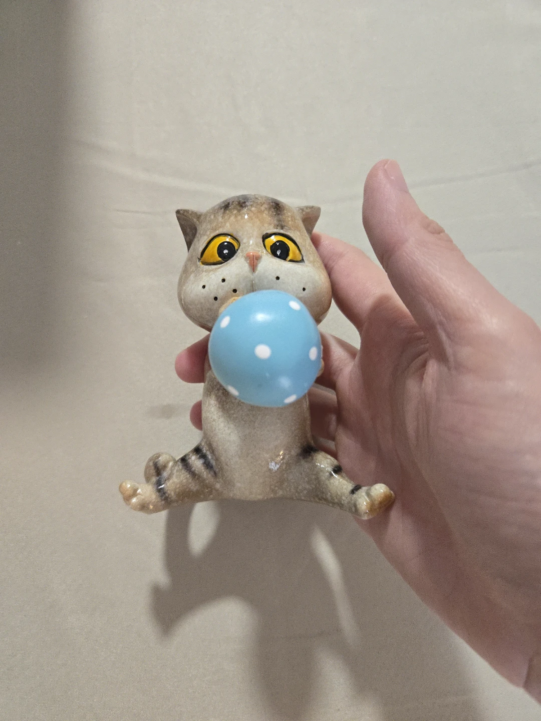 Ceramic Cat Figurine with Blue Polka Dot Ball, gift