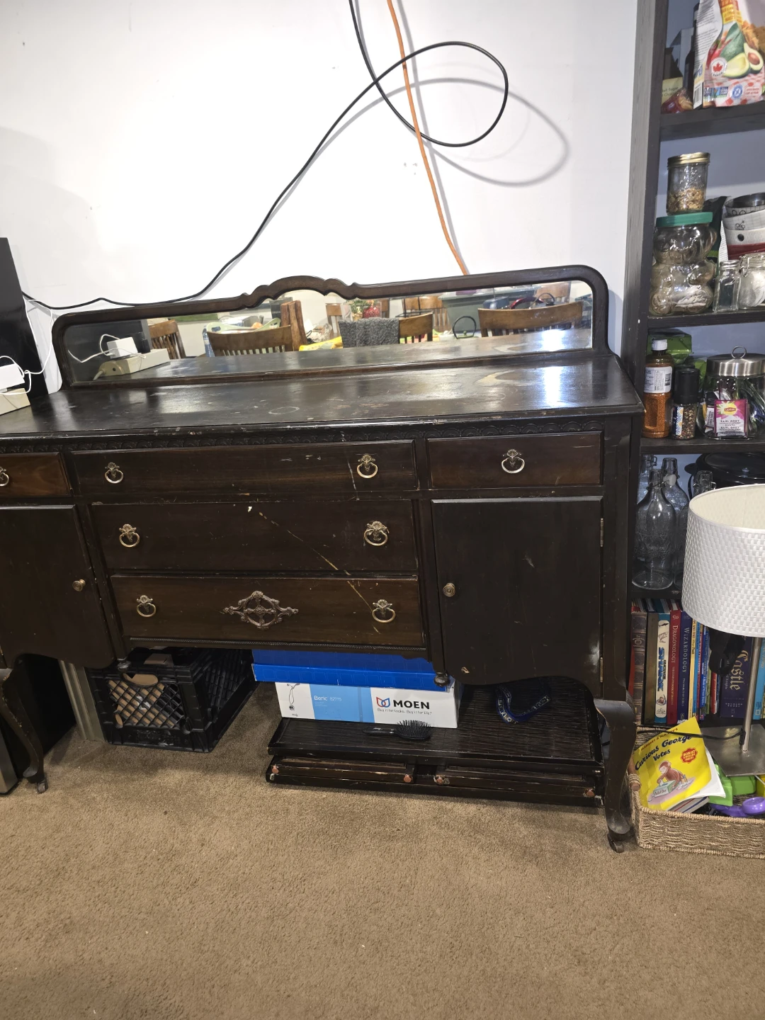 Vintage dark wood sideboard with mirror