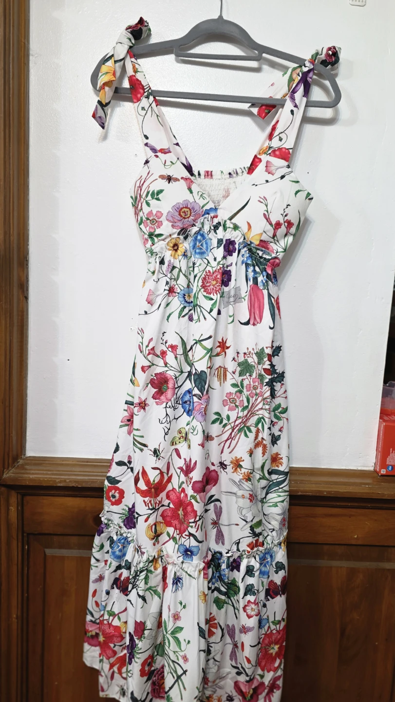 White Floral Print Maxi Dress with Tie Shoulders