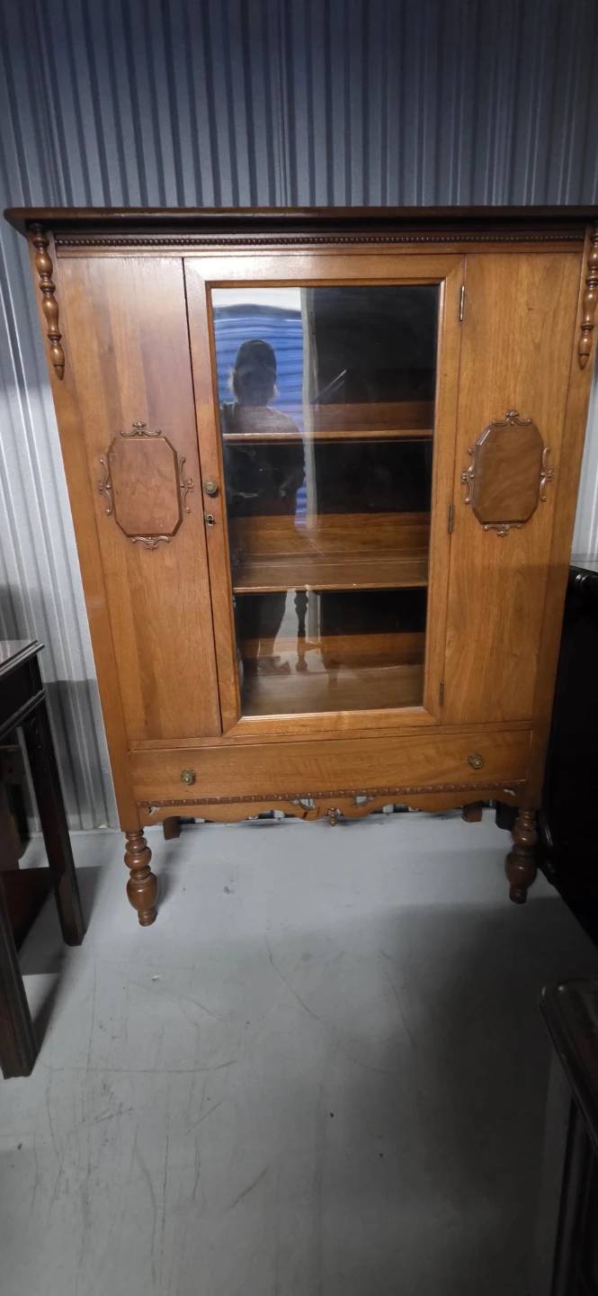 Vintage Wooden Display Cabinet with Glass Door and Drawer