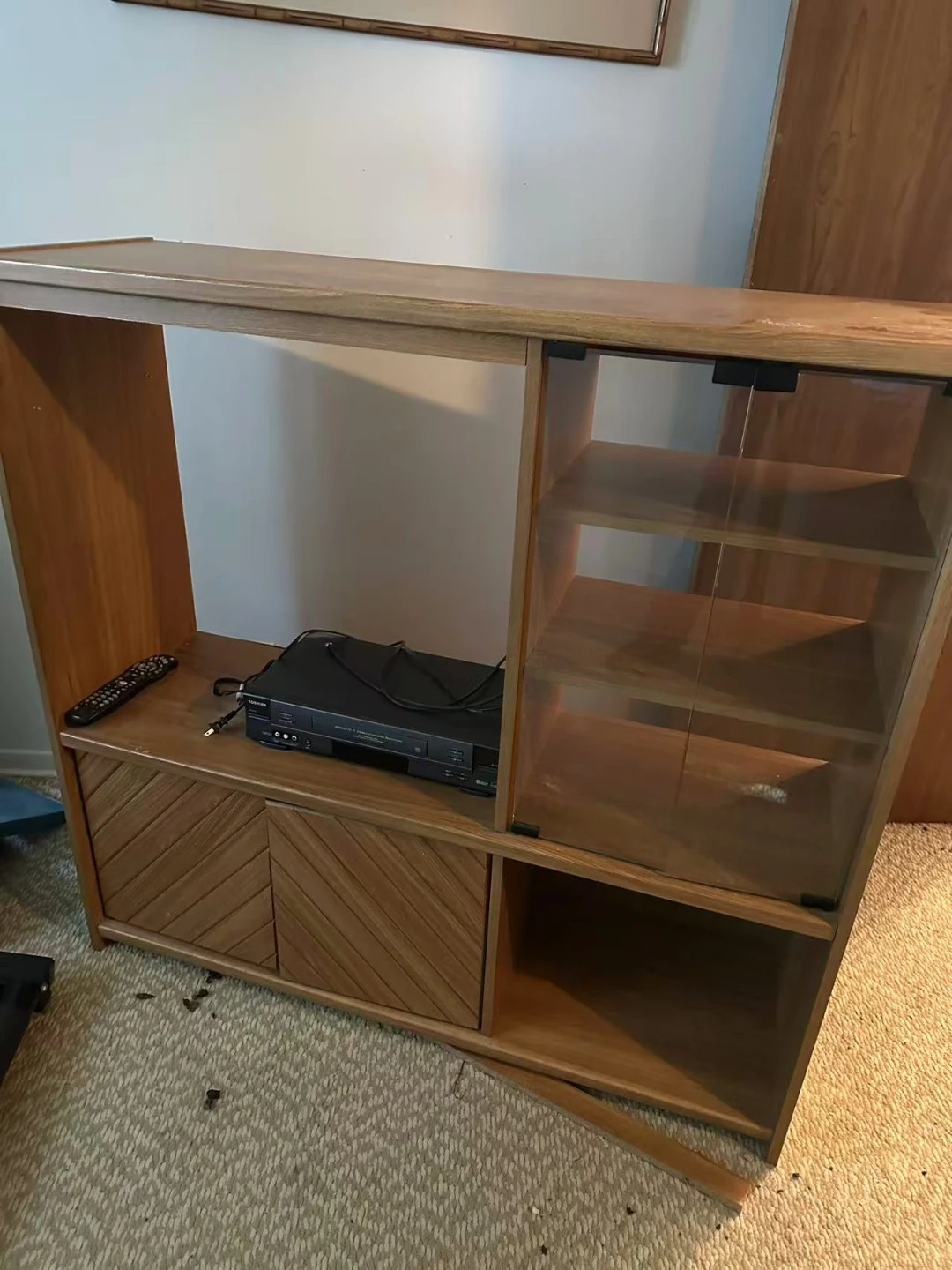 Wood Media Console with Glass Door Cabinets