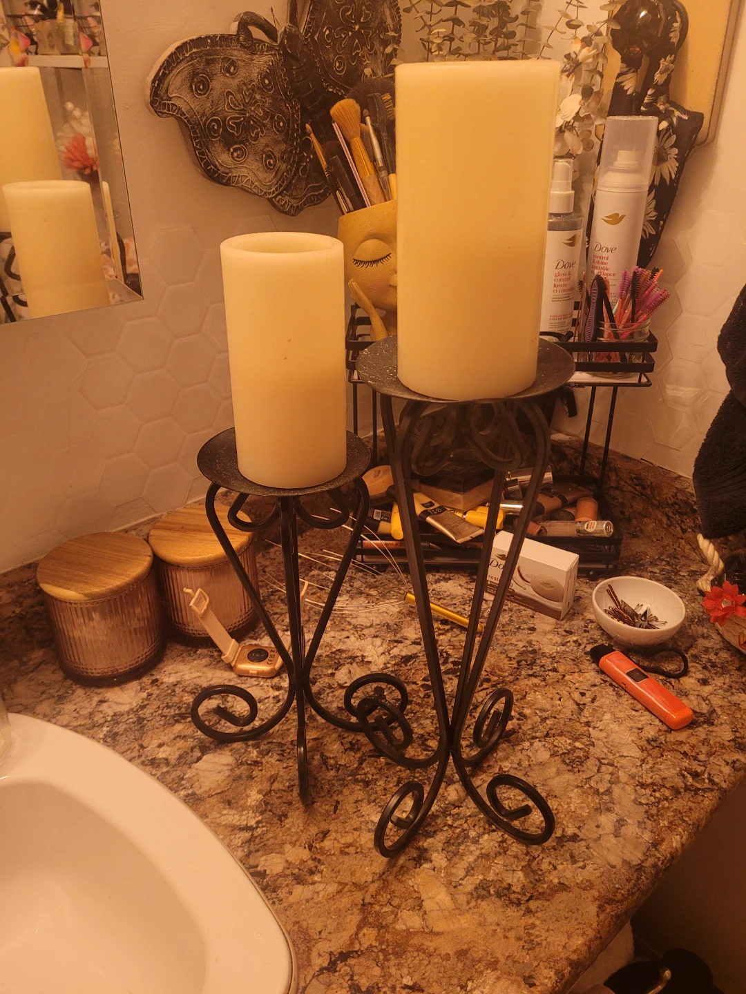 Set of two black metal candle holders