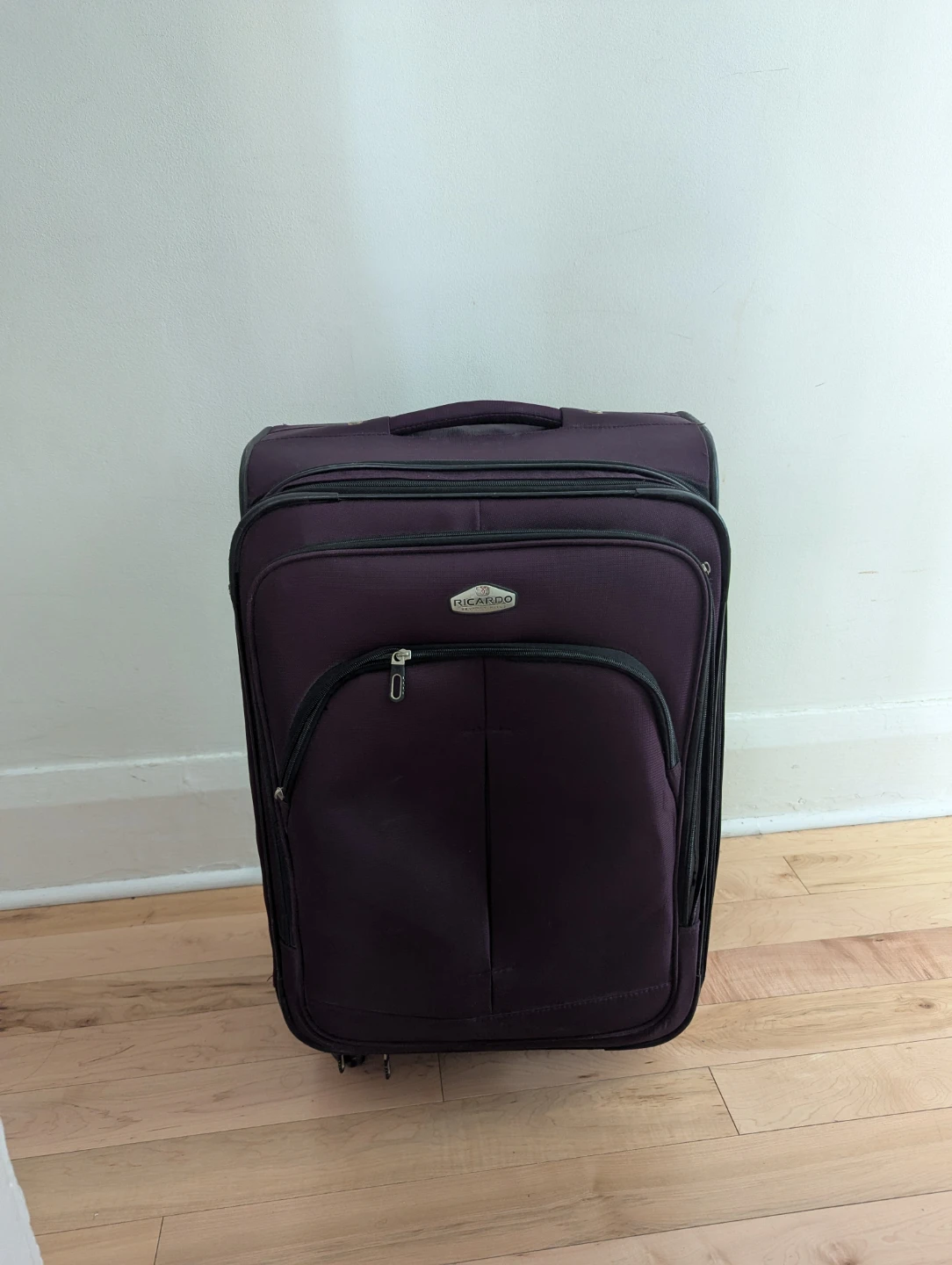 Medium sized checked-in Purple Rolling Suitcase