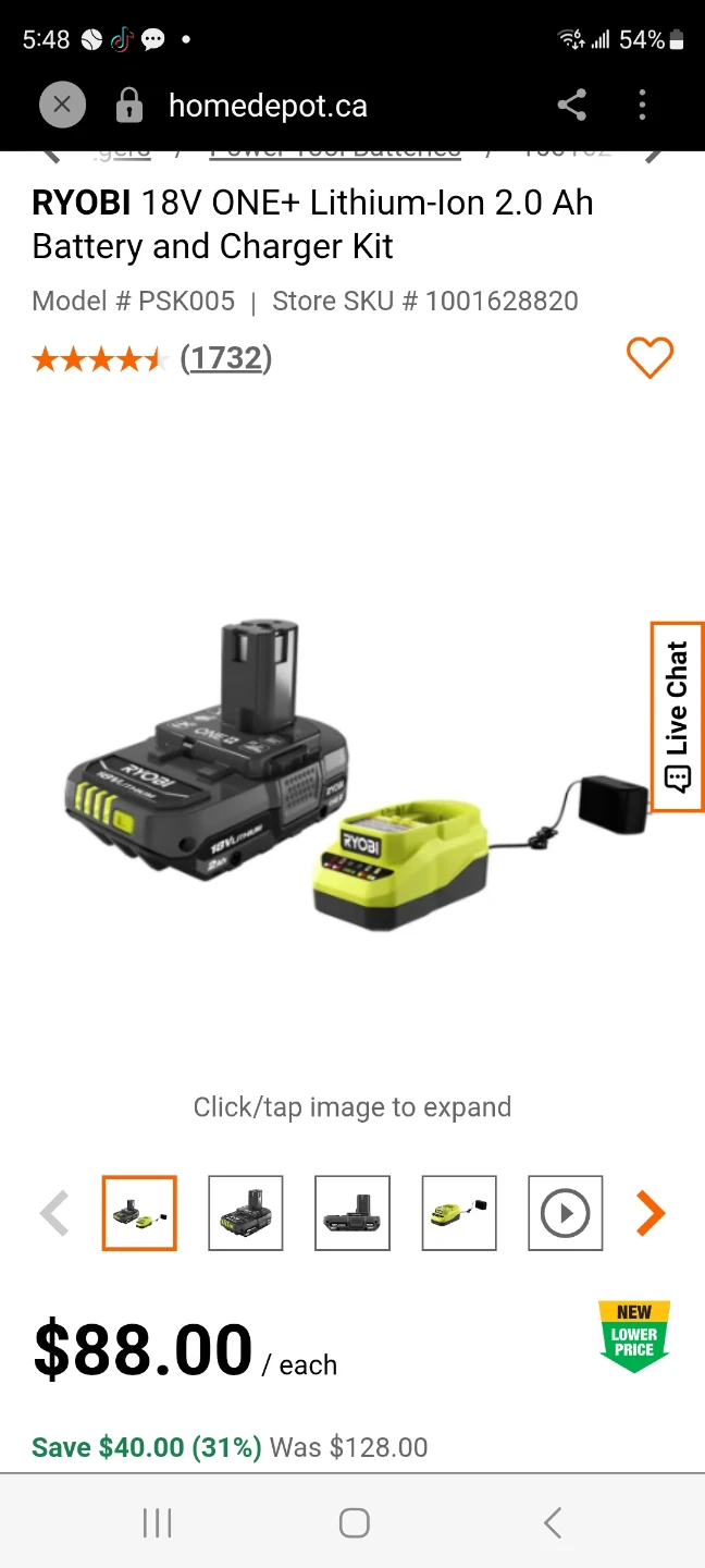 RYOBI 18V ONE+ Lithium-Ion 2.0 Ah Battery and Charger Kit