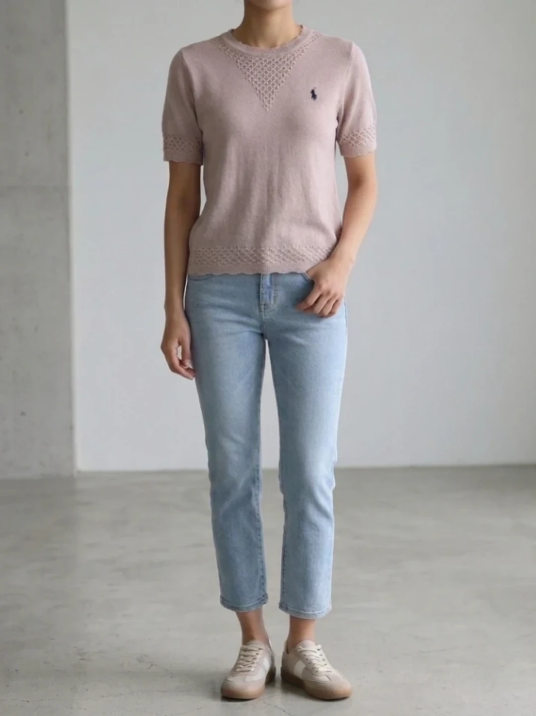 Beige Knit Short-Sleeve Top (Cropped Fit)