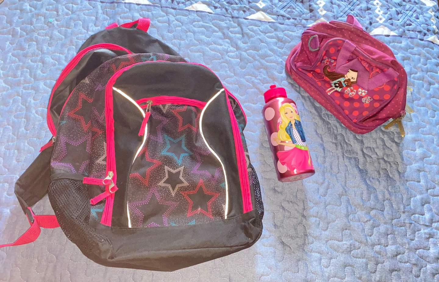 Black and pink star backpack with Barbie water bottle