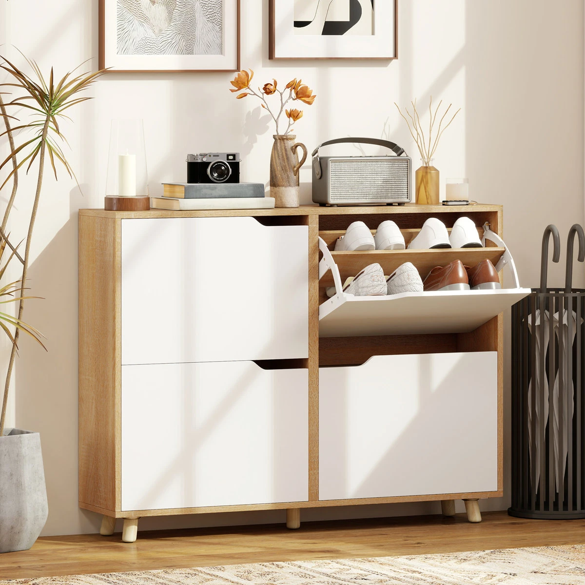Brand new Modern Wood Shoe Cabinet with Flip Drawers - White/Oak