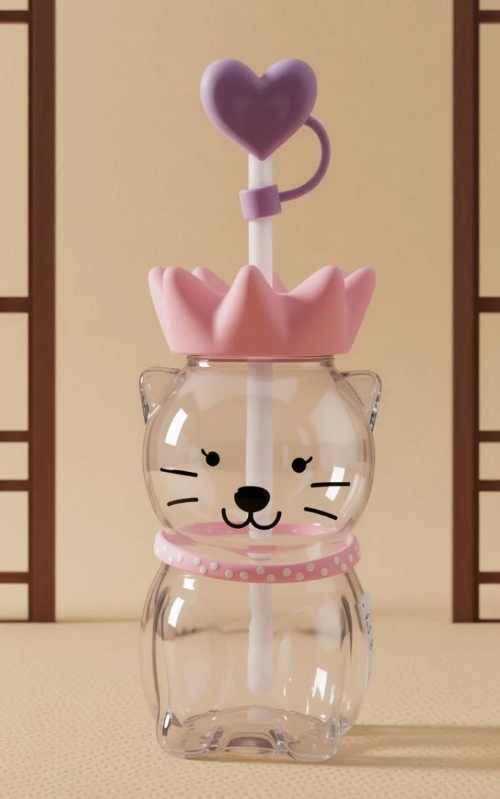 Cute Cat Straw Tumbler with Heart Lid