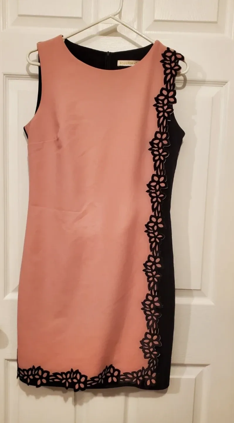 BODYFORM Women's Pink Black Lace Trim Sleeveless Dress Size 42