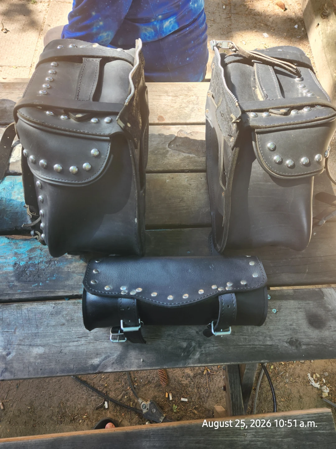 Black Leather Motorcycle Saddlebags and Tool Roll Set