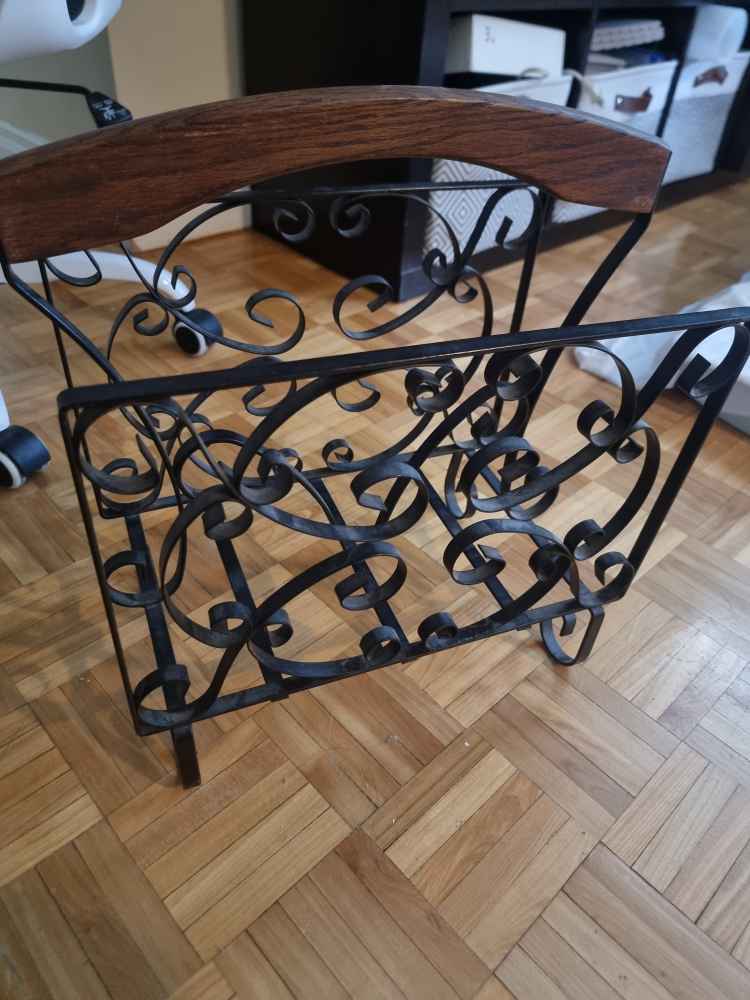 Ornate Wrought Iron & Wood Magazine Rack