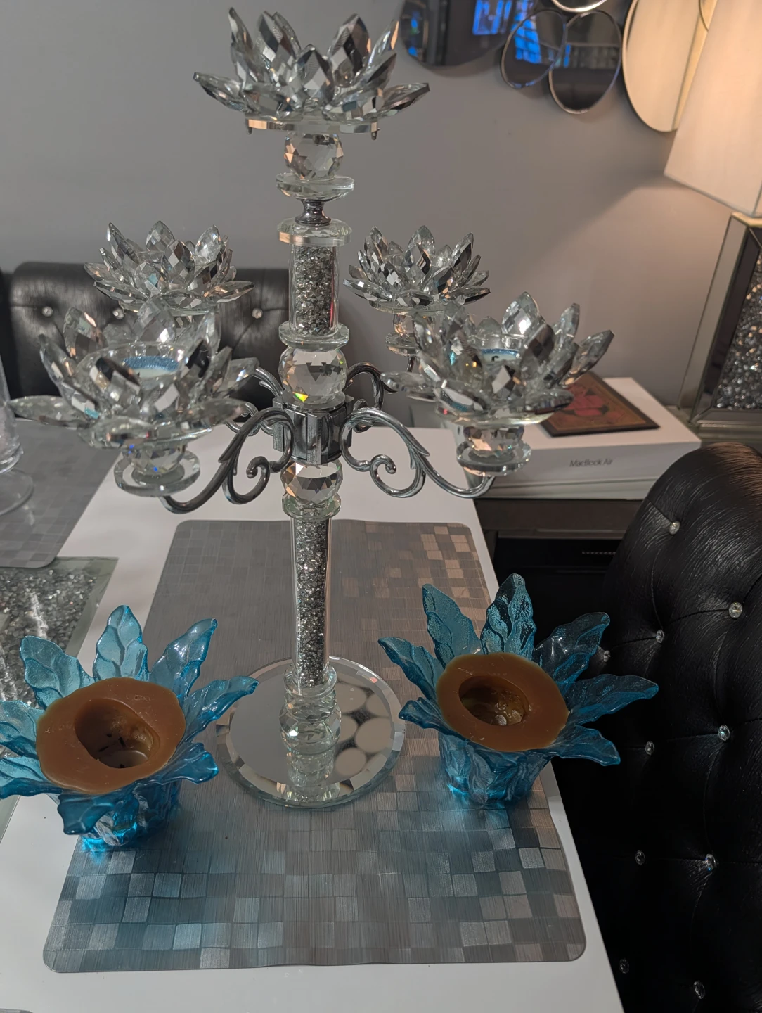 Crystal Lotus Candlestick Holder with Blue Accents