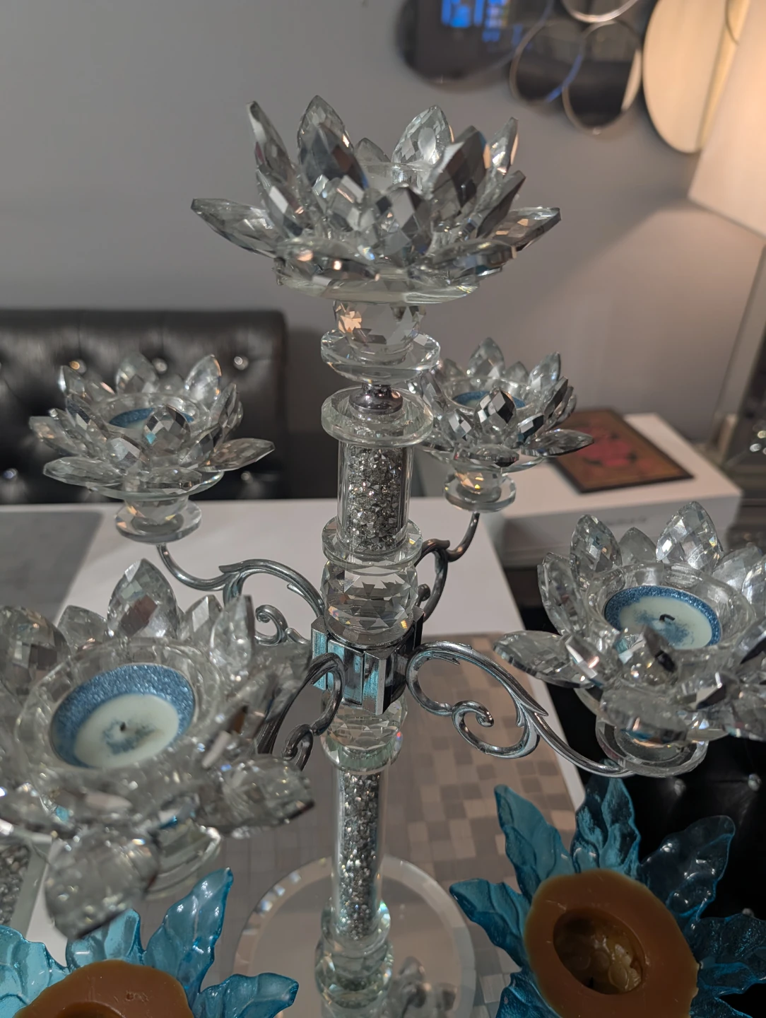 Crystal Lotus Candlestick Holder with Blue Accents - photo 2