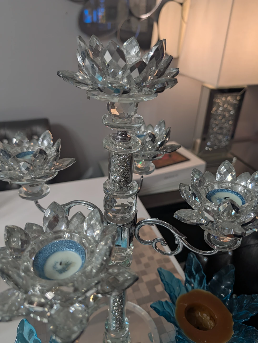 Crystal Lotus Candlestick Holder with Blue Accents - photo 3