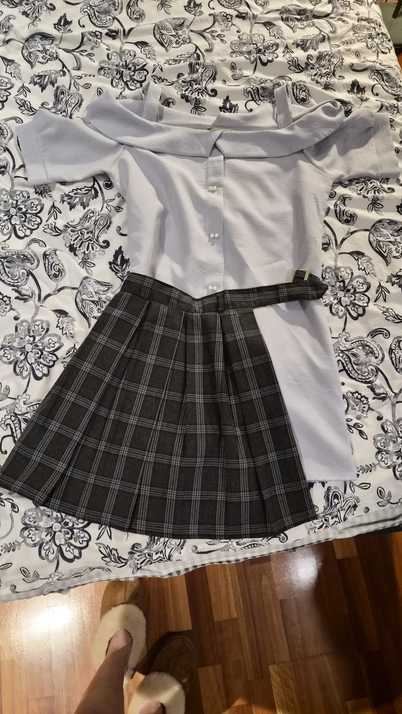 Light Blue Off-the-Shoulder Shirt with Plaid Skirt
