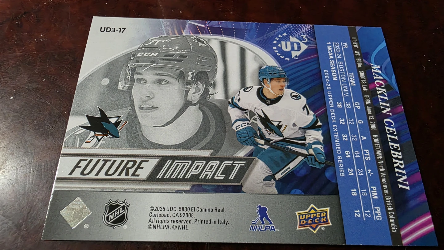 Macklin Celebrini 2023-24 Boston University  Hockey Card - photo 2