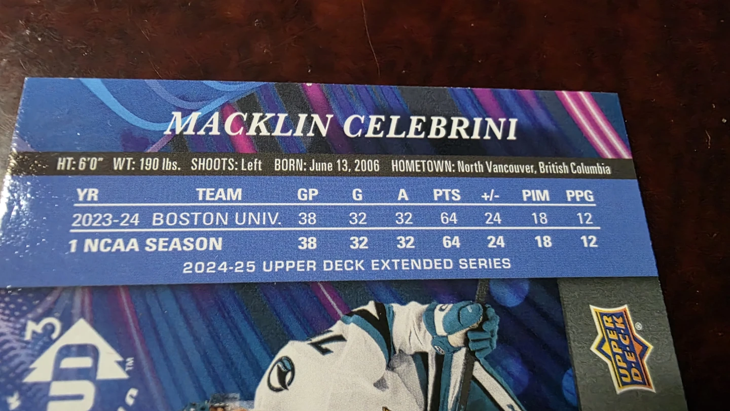 Macklin Celebrini 2023-24 Boston University  Hockey Card - photo 3
