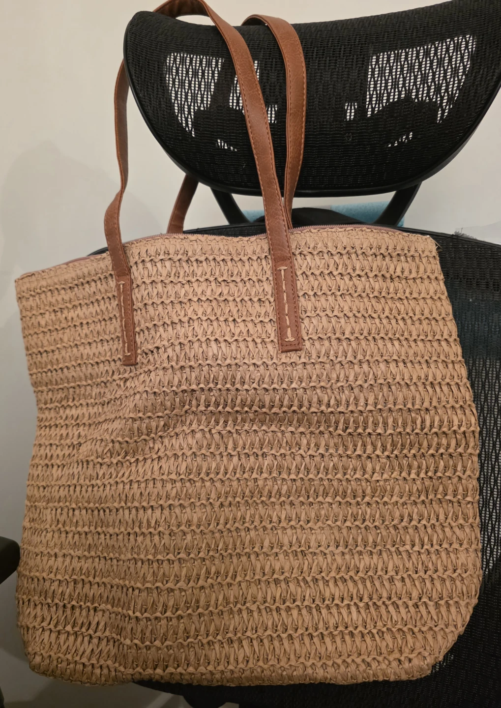 Straw Tote Bag with Faux Leather Handles