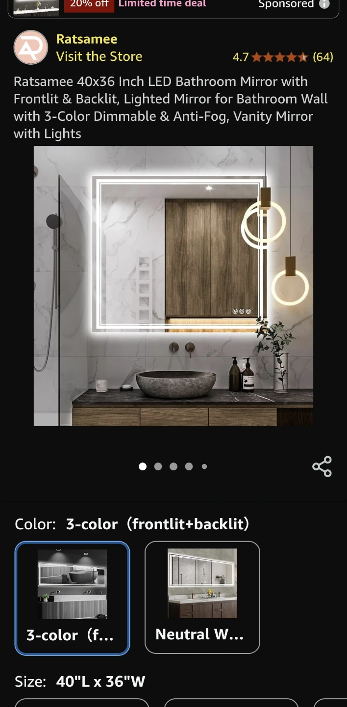 Ratsamee 40x36 Inch LED Bathroom Mirror