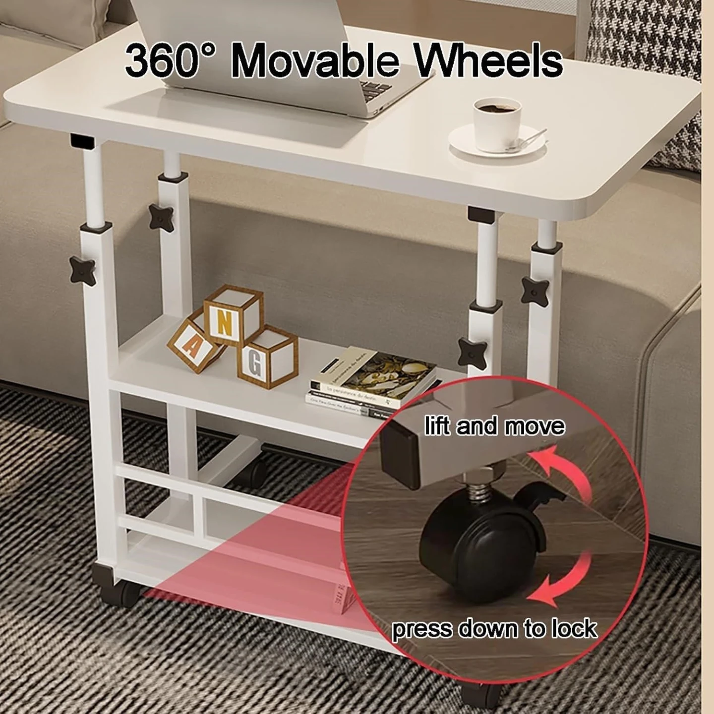 Adjustable White Rolling Laptop Desk with Shelves