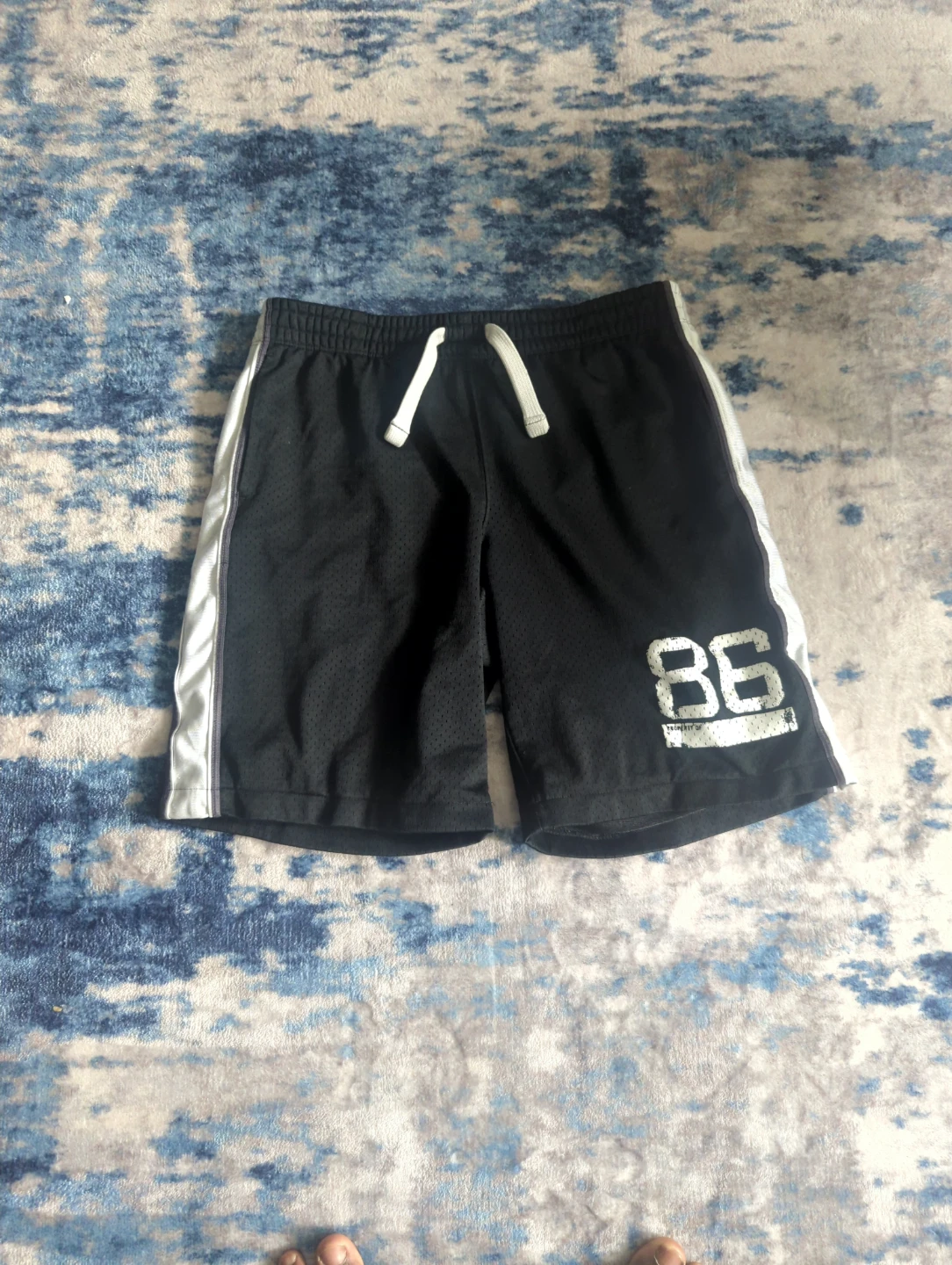 Black Mesh Athletic Shorts with '86' Graphic