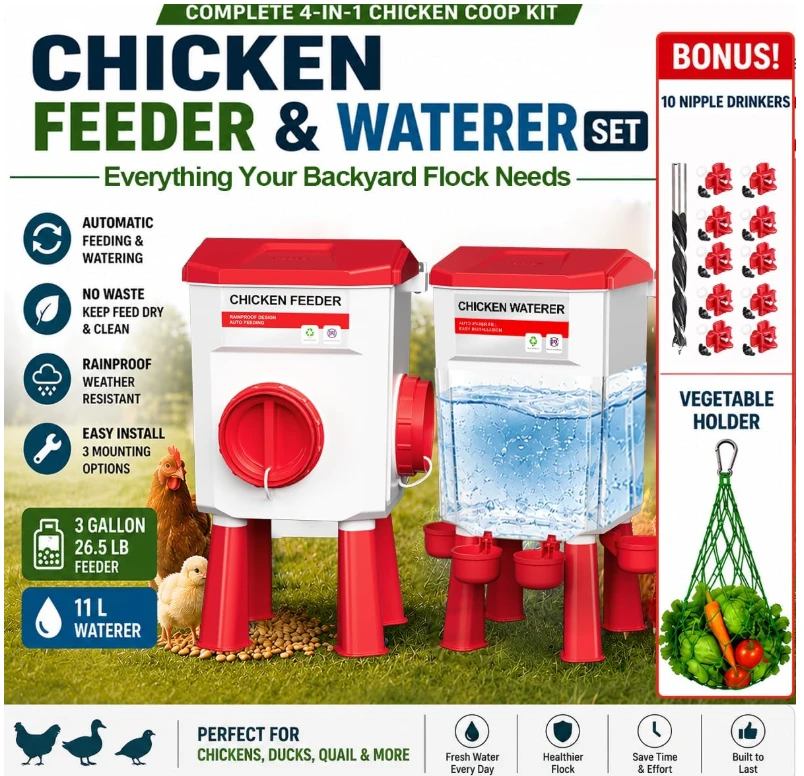 4-in-1 Chicken Feeder & Waterer Set with 10 Nipple Drinkers - photo 2